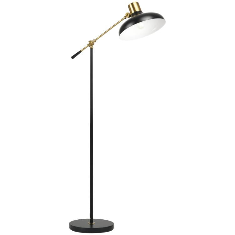 Black and gold adjustable floor lamp with balance arm and round white shade