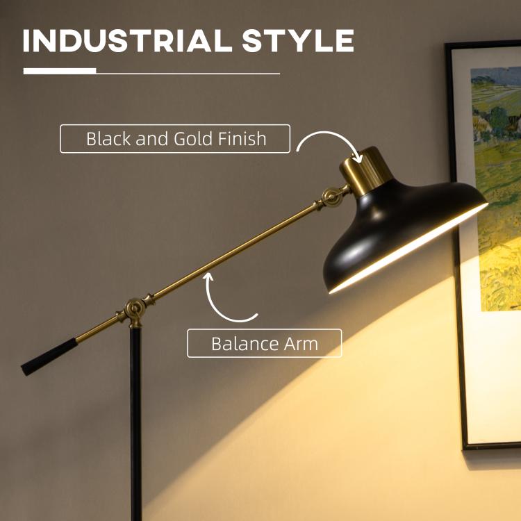 Black and gold floor lamp head and balance arm with adjustable lighting direction