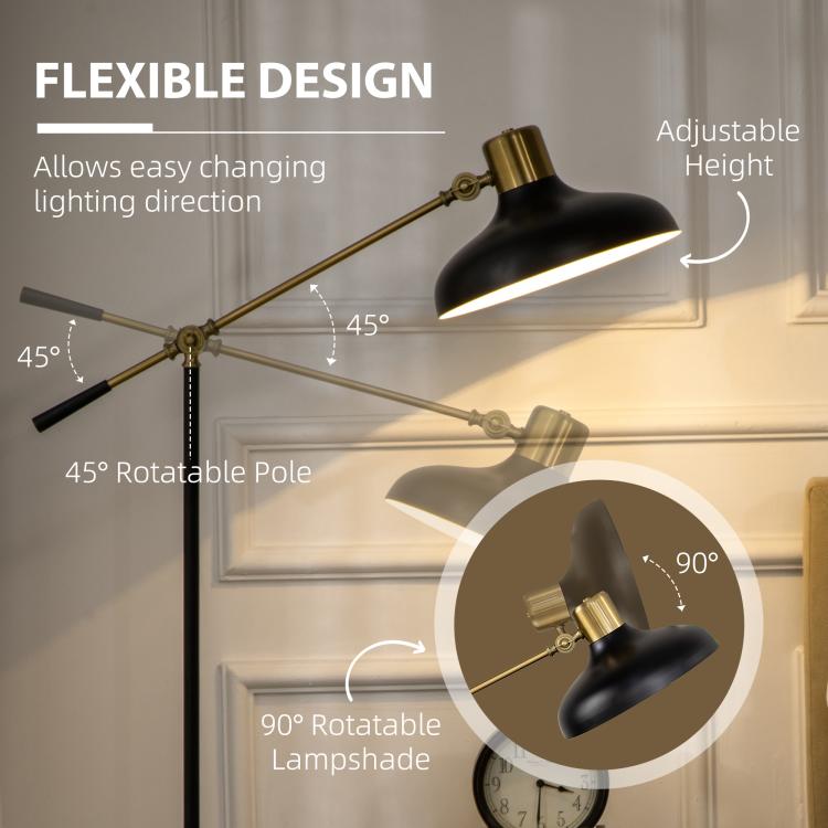 Adjustable floor lamp with rotatable pole, gold joint, and black dome shade
