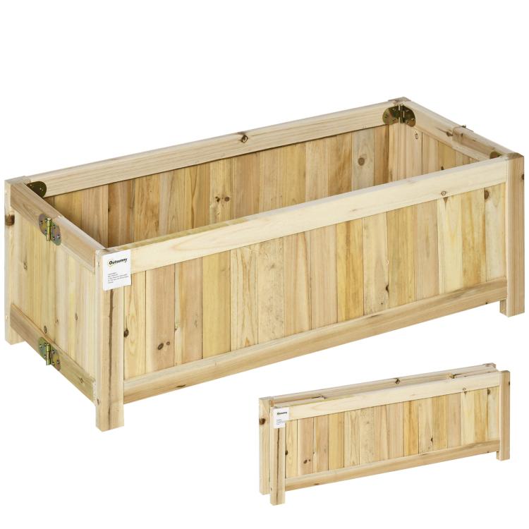 Rectangular wooden planter box with hinged foldable sides and corner hardware