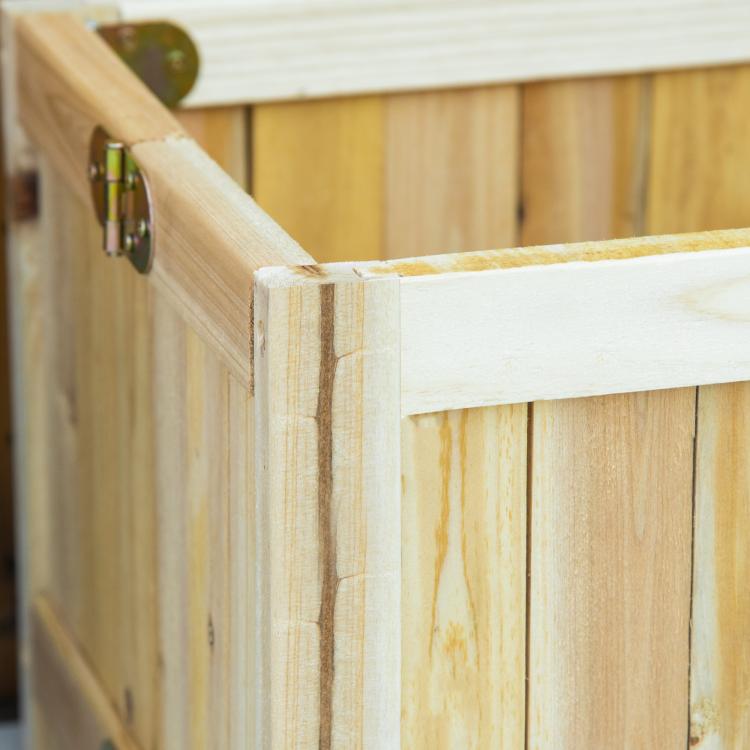 Wooden raised garden bed planter box corner with metal latch and joint detail