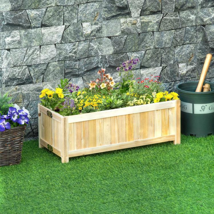 Natural wood raised garden bed planter with slatted walls and white top rim