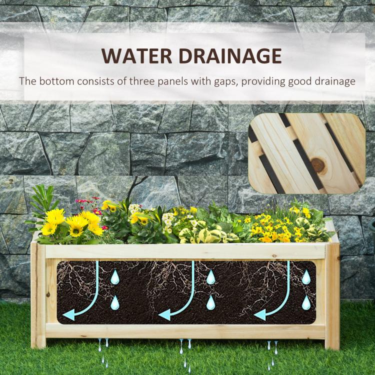 Wooden raised garden bed with bottom gaps for water drainage