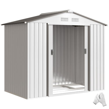 White outdoor storage shed with sliding doors open, empty interior floor visible