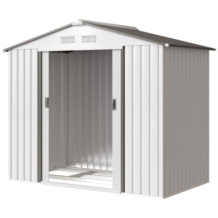White metal storage shed with sliding door panels closed and roof ventilation vents