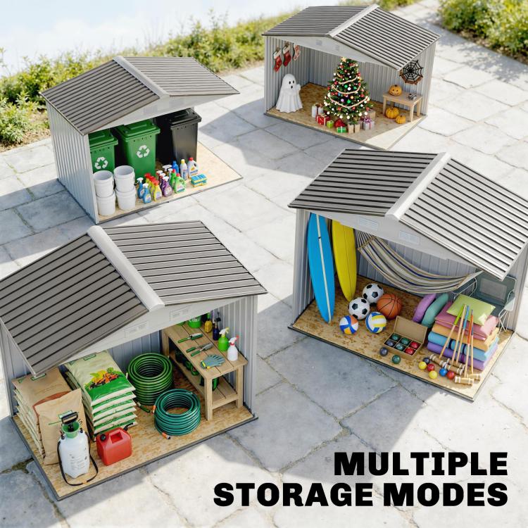 White outdoor storage shed with slatted roof panels, sliding doors open, interior storage