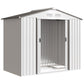 White metal outdoor storage shed with sliding doors, roof vent, open front interior