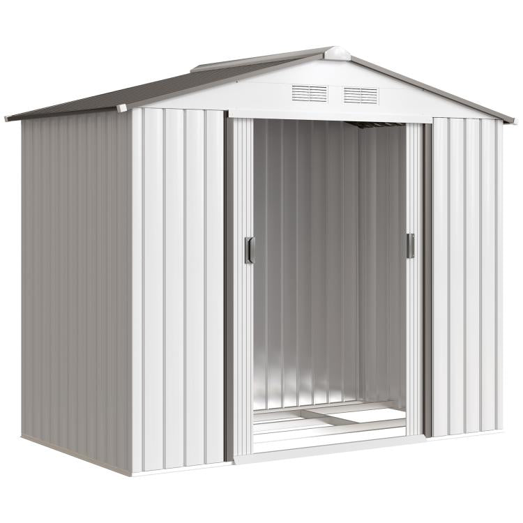 White metal outdoor storage shed with sliding doors, roof vent, open front interior