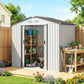White outdoor storage shed with double sliding doors open, gardening tools inside