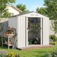 White outdoor storage shed with sliding doors open, gardening supplies on shelves inside