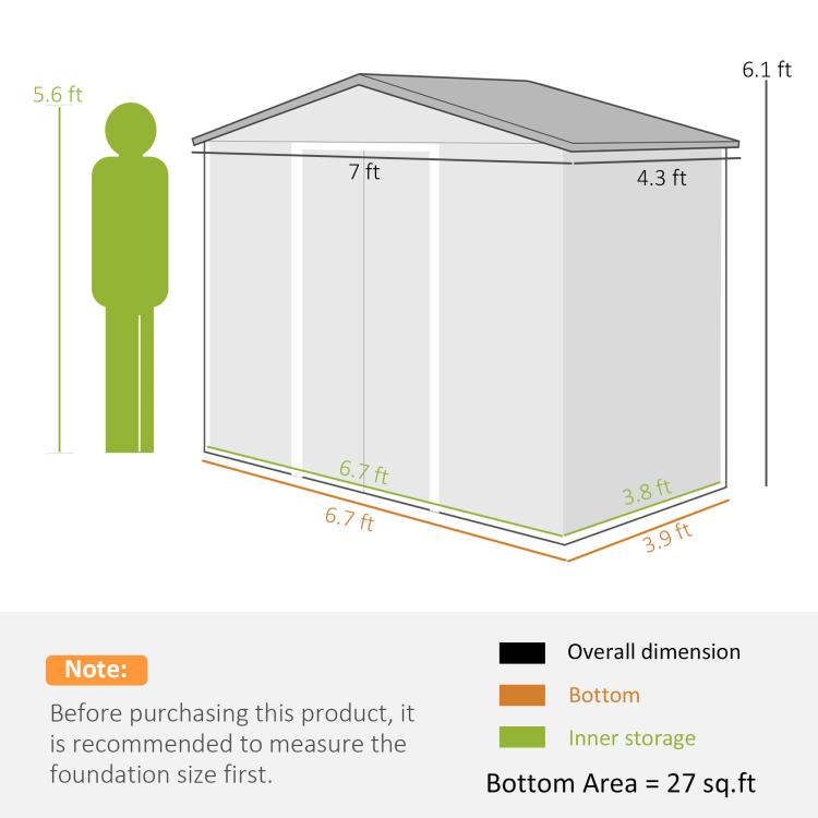 Storage shed dimension diagram with height, width, and foundation size guidance