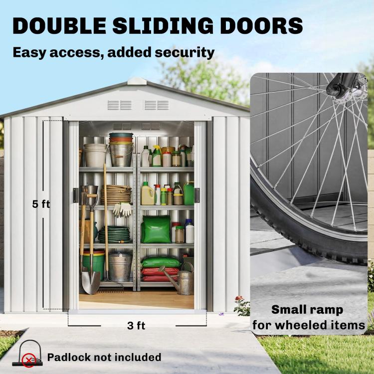 Outdoor shed with double sliding doors and small ramp for wheeled items