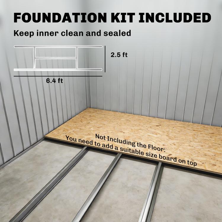 Storage shed interior showing foundation kit base rails, no floor included