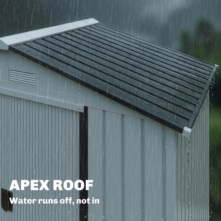 Outdoor storage shed with apex roof panel and gutter edge