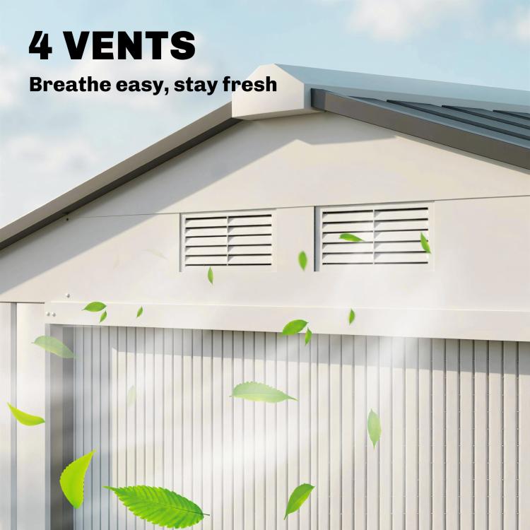 White roof vents on outdoor storage shed for ventilation