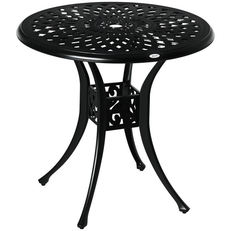 Black round outdoor bistro table with open lattice top and sculpted pedestal base