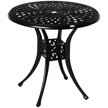 Black round outdoor bistro table with open lattice top and sculpted pedestal base