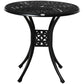 Black round patio bistro table with decorative lattice panel on pedestal and four legs