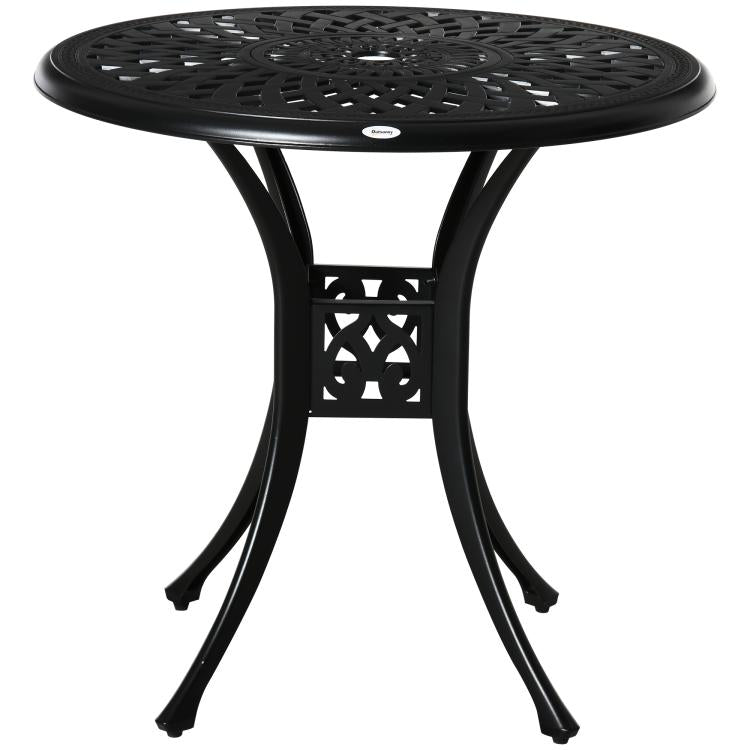 Black round patio bistro table with decorative lattice panel on pedestal and four legs