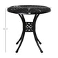 Black round outdoor dining table with umbrella hole and perforated tabletop, 4 legs