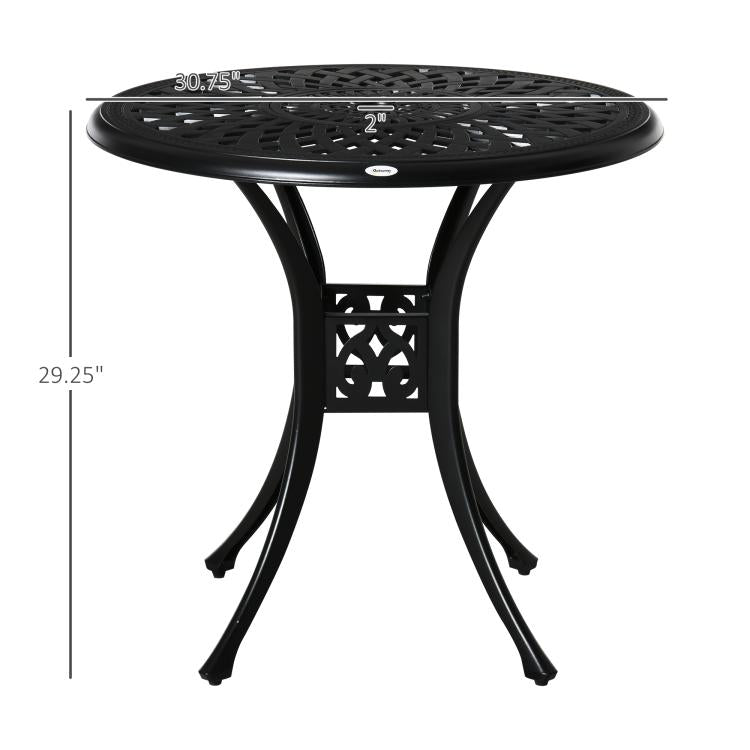 Black round outdoor dining table with umbrella hole and perforated tabletop, 4 legs