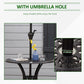 Black round patio table with umbrella hole and umbrella pole through the center