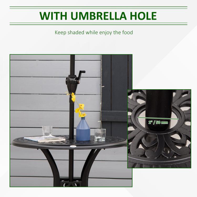 Black round patio table with umbrella hole and umbrella pole through the center