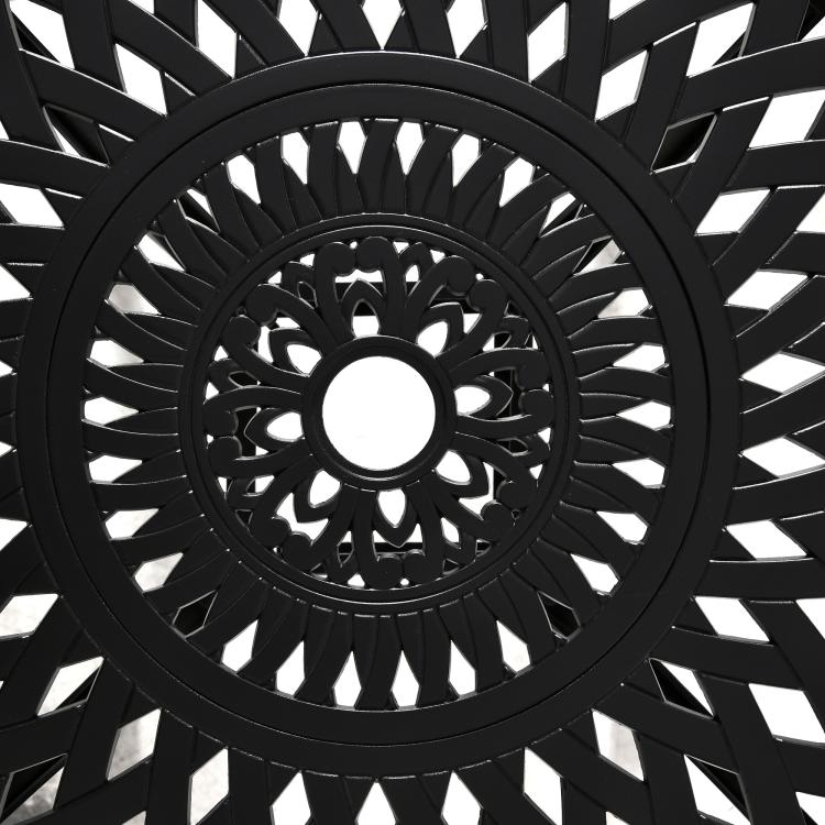 Top view of black round lattice patio table with central umbrella-hole opening