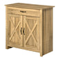 Light wood cabinet with barn-style door panels, top drawer, and black handle pulls