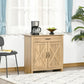Light wood buffet sideboard with barn doors, top drawer, and black metal pulls