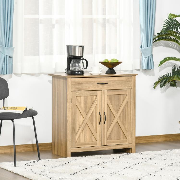 Light wood buffet sideboard with barn doors, top drawer, and black metal pulls
