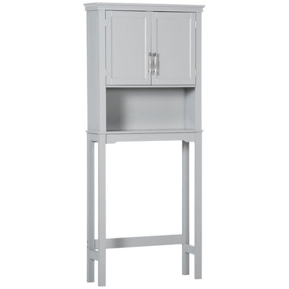 Gray over-toilet storage cabinet with double doors and open lower shelf, framed sides