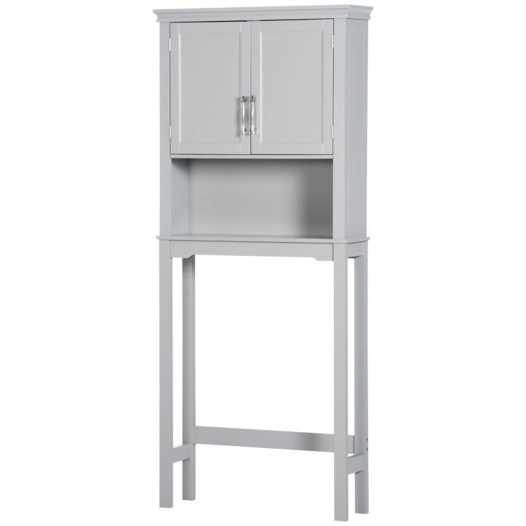 Gray over-toilet storage cabinet with double doors and open center area for storage