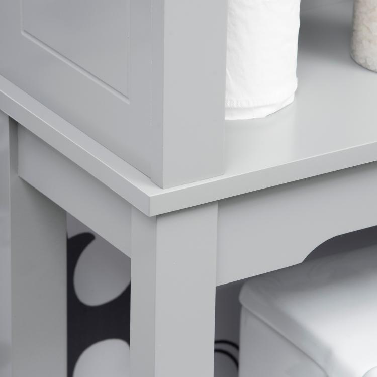 Gray bathroom storage cabinet with open shelf and door panels