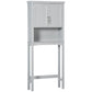 Gray bathroom over-toilet cabinet with double doors and open lower shelves