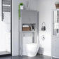 Gray bathroom over-toilet cabinet with double doors and open shelving below