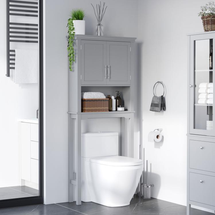 Gray bathroom over-toilet cabinet with double doors and open shelving below