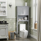 Gray over-toilet cabinet with double doors and open shelf section beside a toilet