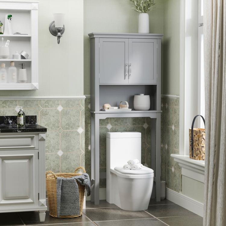 Gray over-toilet cabinet with double doors and open shelf section beside a toilet