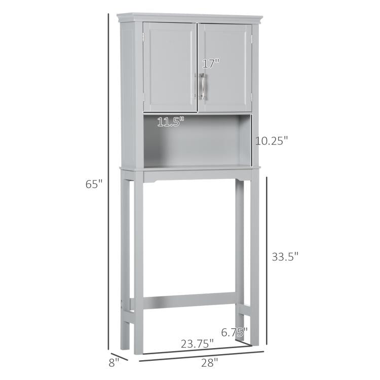 Gray over-toilet storage cabinet with labeled dimensions, double-door cabinet and shelf