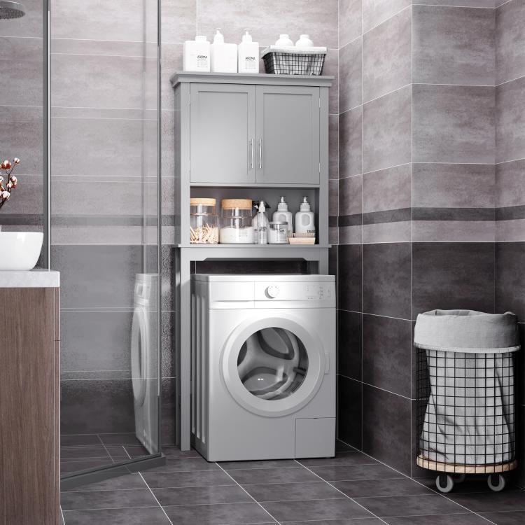 Gray over-toilet cabinet with double doors and open shelf holding a countertop appliance