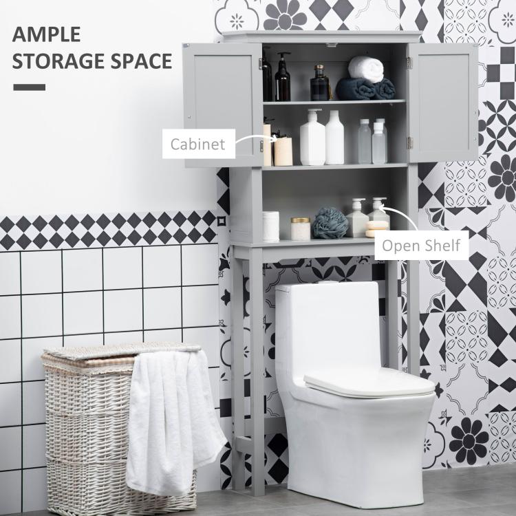 Gray over-toilet cabinet with open double doors, interior shelves, and open lower shelf