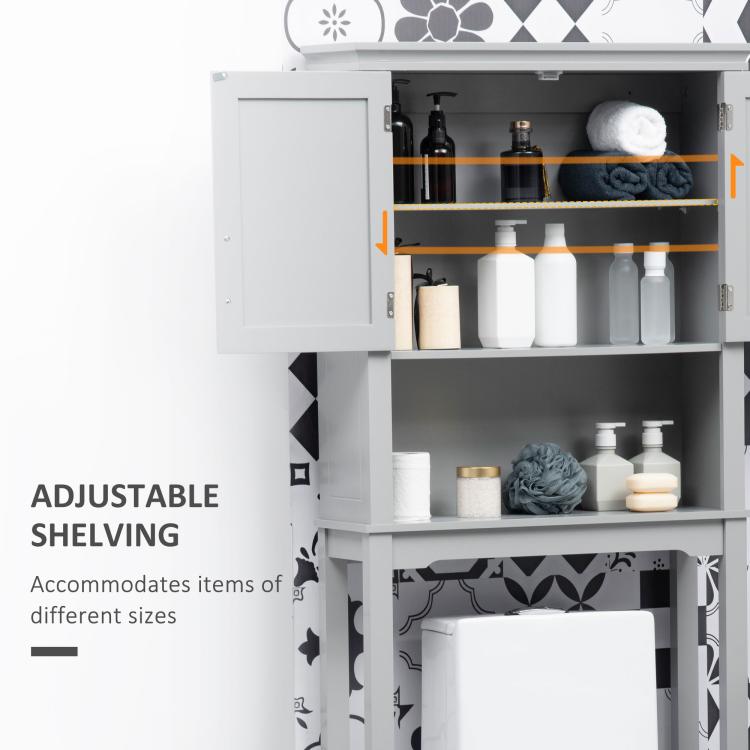 Gray over-toilet cabinet with adjustable interior shelves and open door compartments