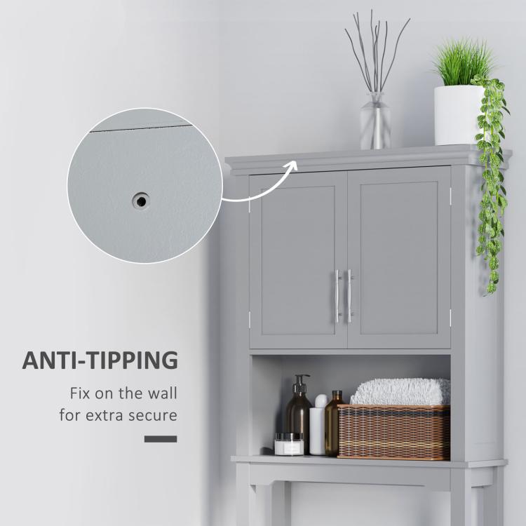 Gray over-toilet cabinet with anti-tipping wall mount shown on the side