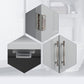 Gray cabinet door hinge hardware with metal hinges and pull handles, close-up detail