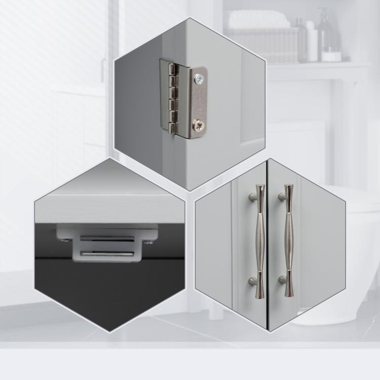 Gray cabinet door hinge hardware with metal hinges and pull handles, close-up detail