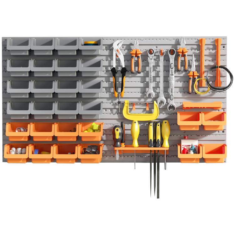 Wall pegboard organizer with gray bins, orange accessory trays, and tool hooks