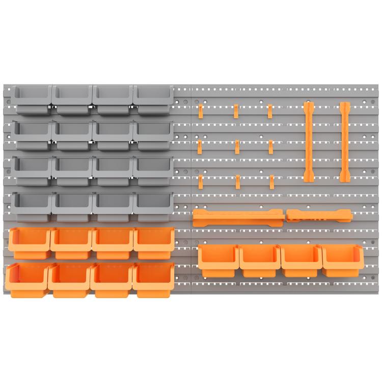 Wall mounted pegboard panel with gray and orange storage bins and hanging hooks