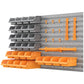 Wall-mounted pegboard tool rack with gray bins, orange trays, and metal hooks