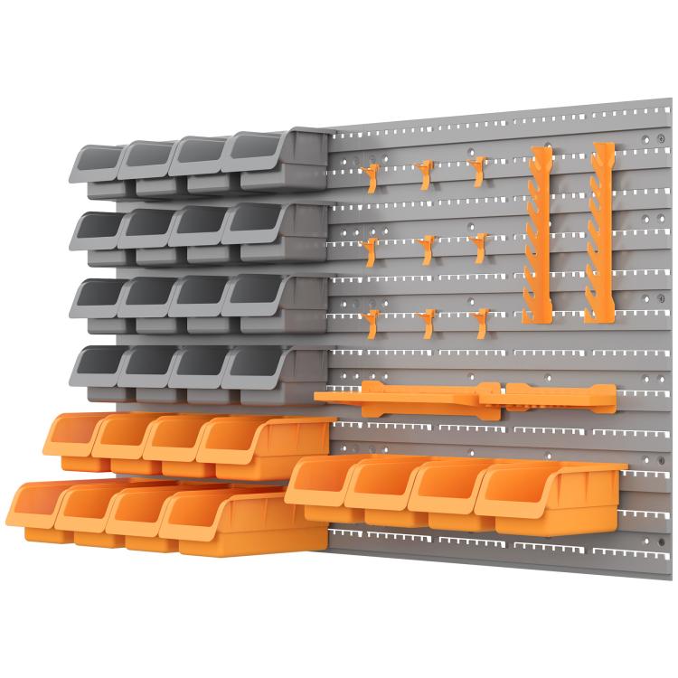 Wall-mounted pegboard tool rack with gray bins, orange trays, and metal hooks